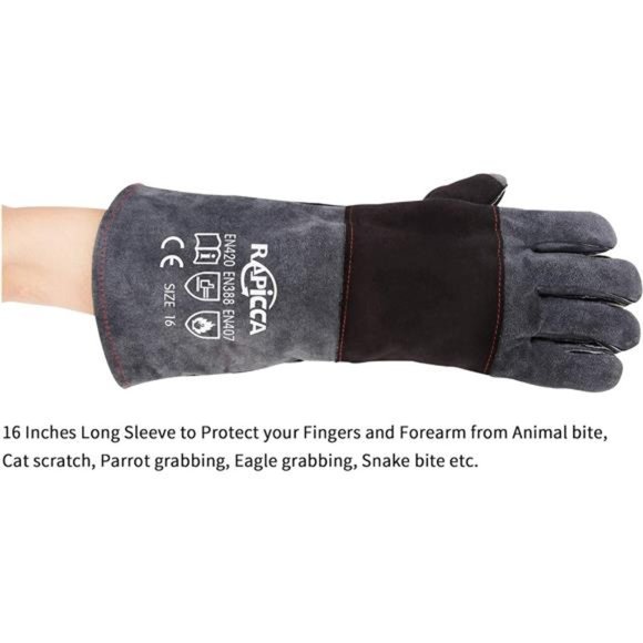 Animal Handling Gloves Bite Proof Double Leather Reinforced Padding Cat Scratch - Picture 5 of 8